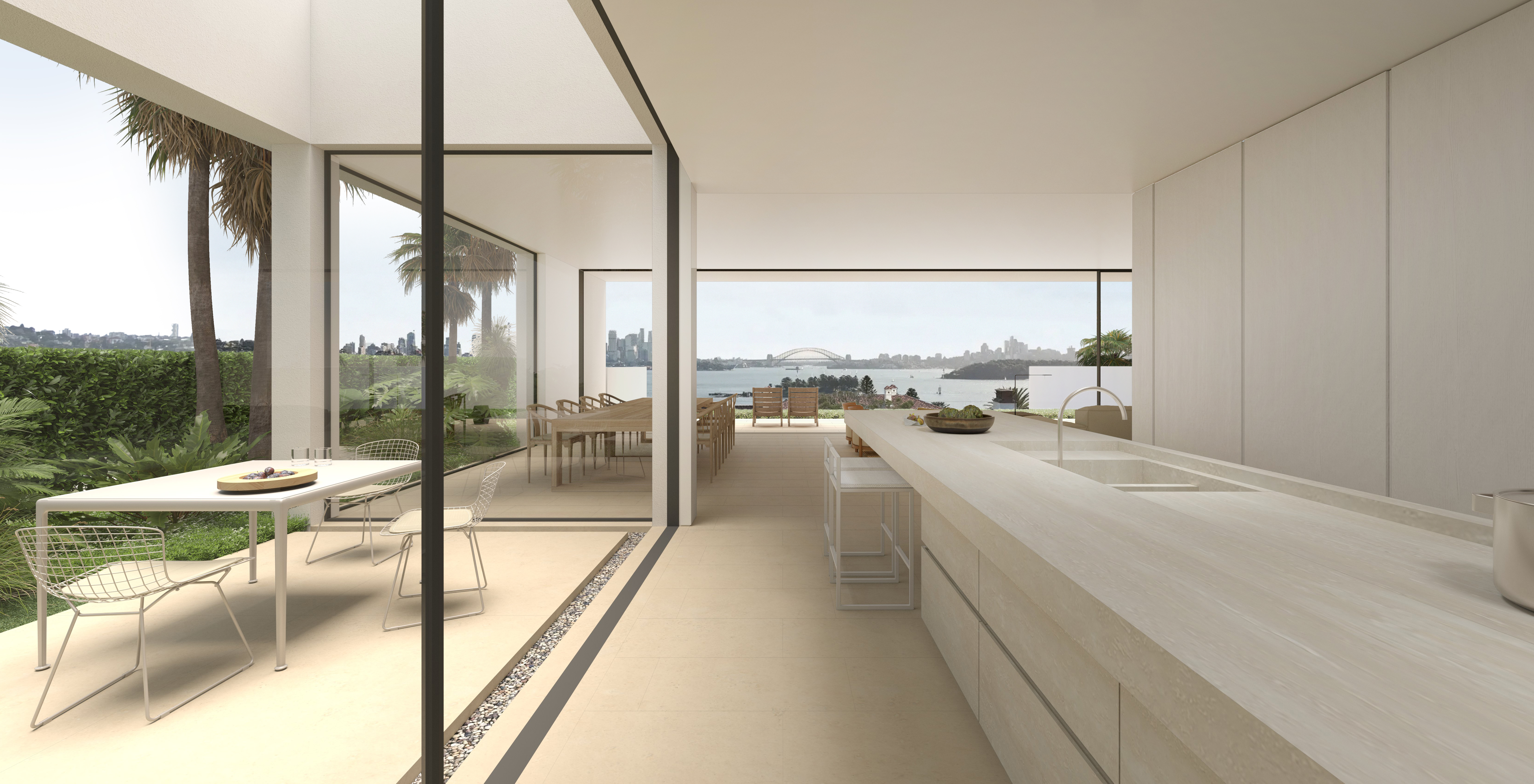 Rendered Vaucluse kitchen overlooking Sydney Harbour